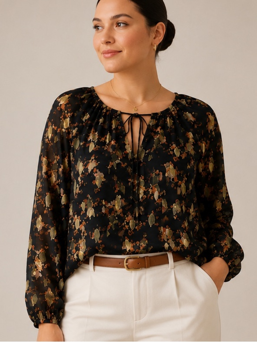 Simply Vera Vera Wang Black Floral Metallic Gold Peasant Blouse Medium